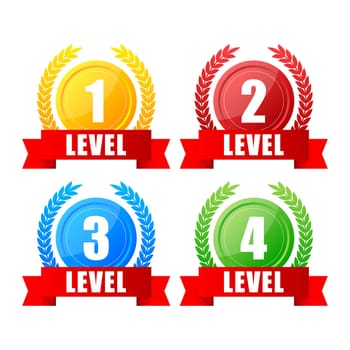 1,2,3,4 level up sign. Game label, award, rating Level results Vector illustration