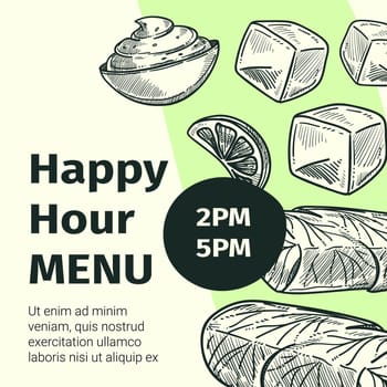 Restaurant or cafe, bistro or diner happy hour, food and drinks with discounts and lowered prices. Proposition from shops and stores. Promotional banner, advertisement and offers. Vector in flat style