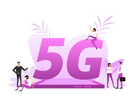 5G Sim Card. 4G technology background. Flat style characters.