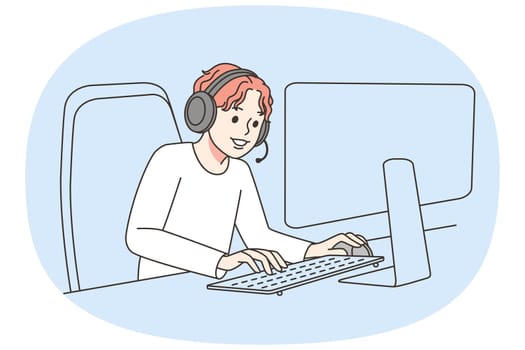 Boy in headphones play video games on PC at home. Child gamer enjoy console on computer. Addiction o technology. Gaming concept. Vector illustration.