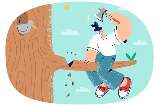 Stupid man cut branch where he sit. Unreasonable male employee involved in risky business affair. Vector illustration.