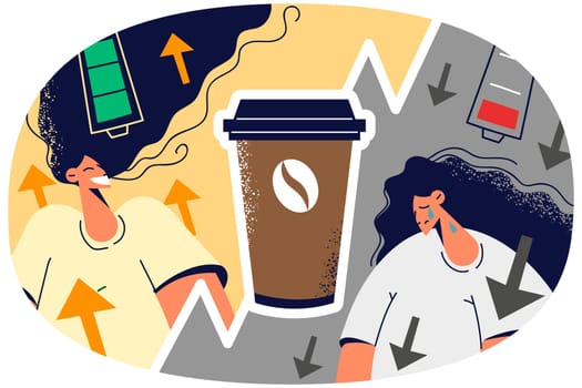 Tired unhappy and smiling energetic woman before and after coffee. Effect of caffeine on human body. Vector illustration.