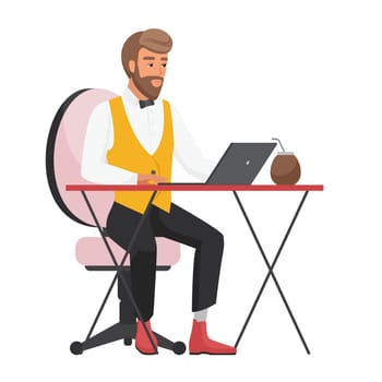 Hipster man working on laptop. Bearded hipster boy at office work vector cartoon illustration