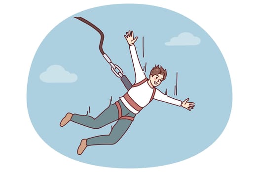 Excited young man jumping with parachute. Smiling guy enjoy extreme sport with rope jumping. Vector illustration.