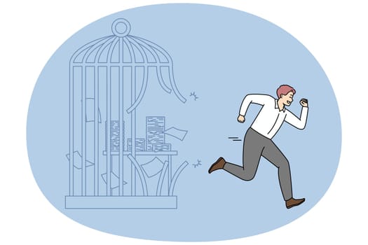 Happy businessman escape cage with paperwork quit office job. Excited male employee run from job imprisonment. Toxic workplace. Vector illustration.