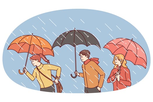 People with umbrellas walking on rainy day. Men and women outside under rain. Weather changes, autumn season concept. Vector illustration.