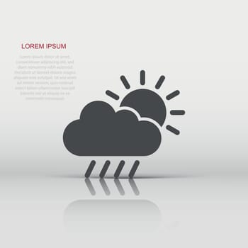 Weather icon in flat style. Sun, cloud and rain vector illustration on white isolated background. Meteorology sign business concept.