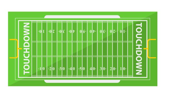 Rugby or American football field with touchdown and measurement of zones. Isolated plan for players, sports practice and professional playing, game or tournament challenge. Vector in flat style