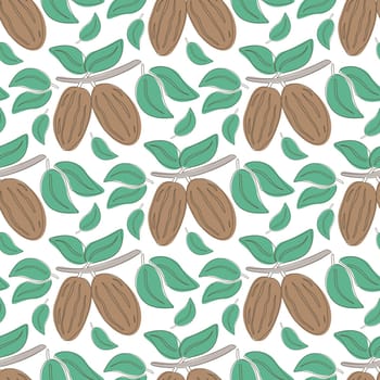 Cocoa and leaves seamless pattern. Organic healthy food background. Cocoa beans grow on branches. Print cocoa branch with fruits for textile, fabric, vector illustration