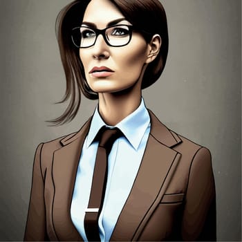 Closeup portrait confident young woman with serious expression in glasses and a suit against the background, vector illustration of a successful woman
