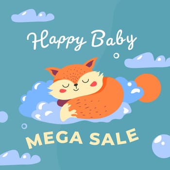 Mega sale and discounts for parents and kids products. Cute fox sleeping on cloud, sleepy mammal animal. Offers and clearance of children items. Promotional banner, advertising vector in flat style