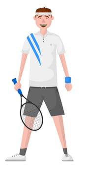 Sportsman in uniform, isolated tennis player with raquete wearing comfortable clothes and shoes. Sportive activities and hobby, healthy lifestyle and preparation for competition. Vector in flat style