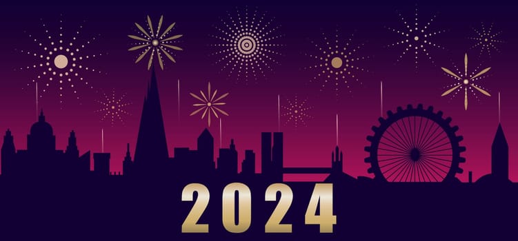 Greeting card Happy New Year 2024. Beautiful holiday web banner or billboard with golden text 2024. Vector background with fireworks over the city.