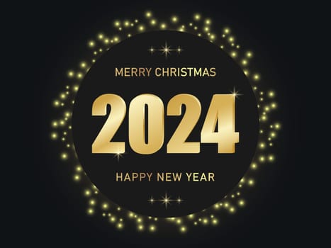 Greeting card Happy New Year 2024. Beautiful holiday web banner or billboard with golden text 2024. Vector background with glitter, shimmer