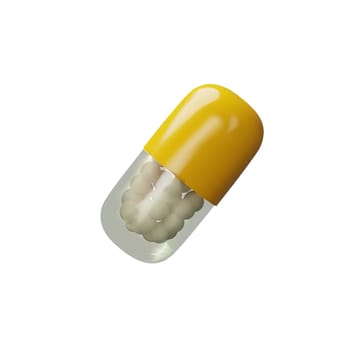 3D render long angle yellow pill. Realistic plastic treatment. Medicine care tablet. Pharmacy chemical cure, drug, antibiotic, vitamin, painkiller. Vector illustration about health in plastic style
