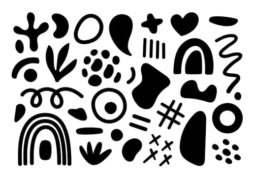 Abstract geometric shapes set. Vector Hand drawn various shapes and doodle objects. Abstract contemporary modern style. Trendy black and white illustration. Stamp texture.