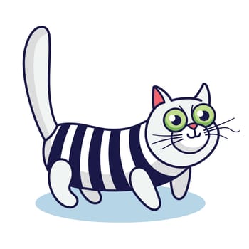 Cute cartoon cat wears striped clothes. Hand drawn kitten illustration. White Cat character with green eyes and striped sweater. Vector illustration in cartoon style.