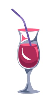 Alcoholic beverage with tropical or exotic ingredients. Isolated sweet and tasty drink for entertainment and leisure. Vacation and rest, tall glass with straw and aroma. Vector in flat style