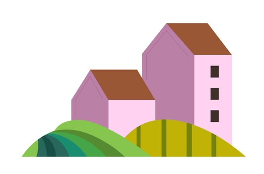 Building and field, suburbs or countryside landscape view. Nature and greenery of city or town. Rural area view or scenery with bushes and grass. Apartment architecture. Vector in flat style