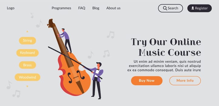 Try our online music course. String and brass, keyboard and woodwind instruments. Fundamental knowledge in classical composition. Website landing page template, internet site. Vector in flat style