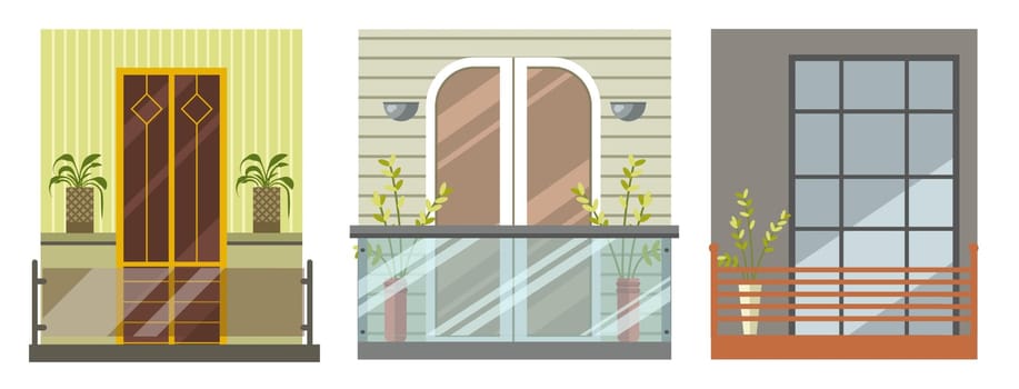 Balconies with sleek modern designs. Extensions of living spaces providing place to relax, places with potted plants and decorative elements on window. Houses and apartments. Vector in flat style