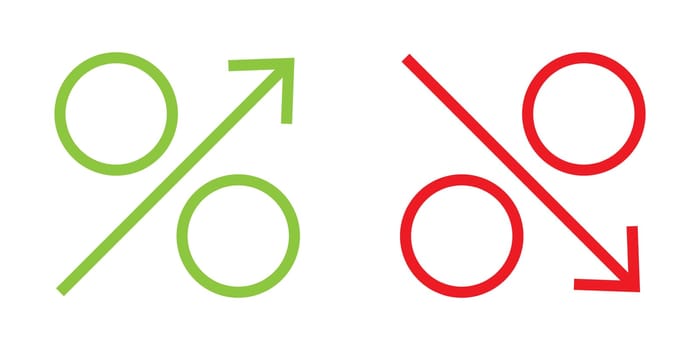Percentage growth and decline icons. Percent arrow up and down.