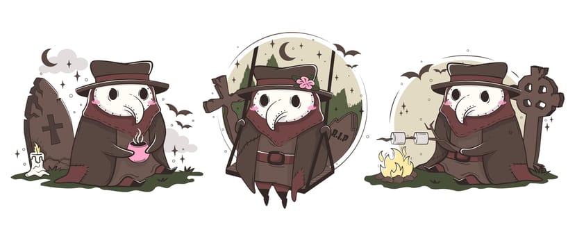 Set of cute kawaii plague doctor in various poses. Medical routine cartoon humorous concept. Halloween character