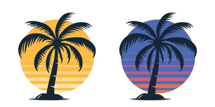Vector Palm Trees, Palm Tree Icon Set Isolated. Palm Silhouettes on Sunset Background. Design Template for Tropical, Vacation, Beach, Summer Concept. Vector Illustration. Front View.