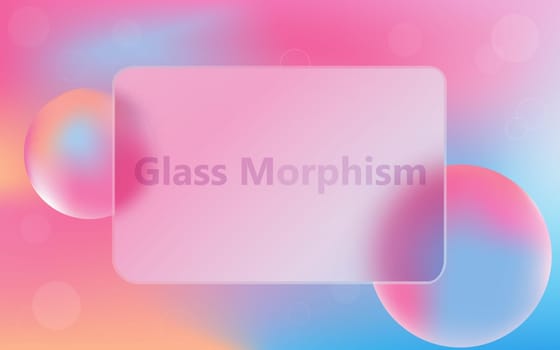 Glassmorphism effect. Transparent layout in glass morphism or glassmorphism style with neon balls. Blurred card or frame. Vector illustration.