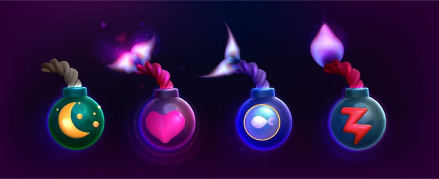 Cartoon round bomb game icons. Explosive weapon, 3d balls with rope wick and flame with heart, moon and electric power dollar sign inside. Graphic elements, user assets or props for ui store design.
