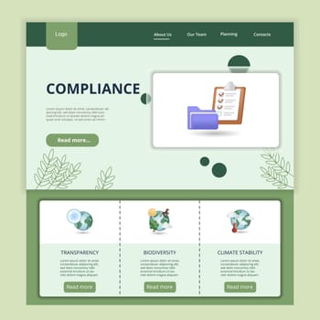 Compliance flat landing page website template. Transparency, biodiversity, climate stability. Vector illustration. For website slider, keynote presentation background, brochure design, annual report, company profile.