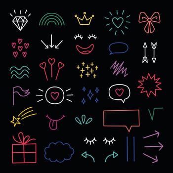 Hand drawn doodle elements set. Dark theme. Cartoon illustrations on black background. Neon elements. Hand drawn Abstract shapes. Doodles of hearts, rainbow, bows, stars, gifts, arrows.