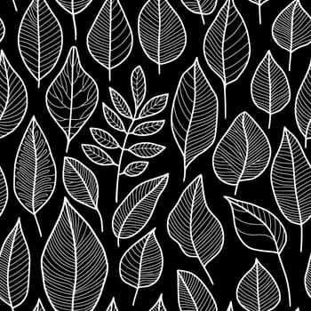 Floral Leaf Pattern, White Outline Drawing on Black Background, Repeating Intricate Line Art, Wallpaper Design for Printing on Fashion Textile, Fabric, Wrapping Paper, Packaging and other