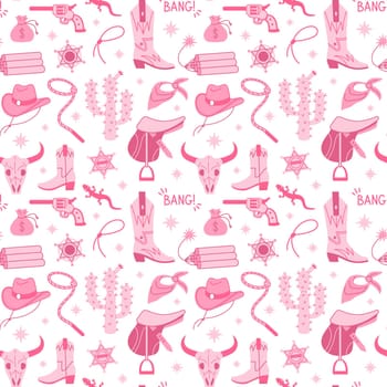 Cowboy Pink core fashion seamless pattern. Cowgirl boots, hat, cactus and lettering. Cowboy western and wild west theme texture. Hand drawn vector illustration. Doodle icons fabric.