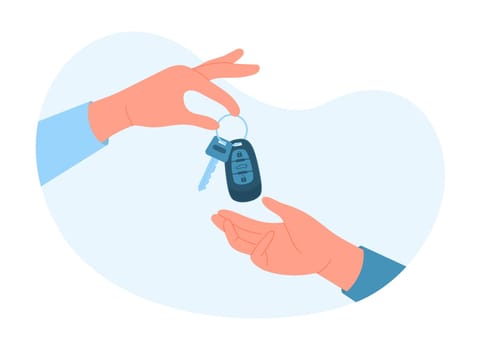 Buying, renting or parking car, carsharing service vector illustration. Cartoon hand of agent salesman or owner holding automatic remote auto key to give customer, sale or purchase deal of automobile