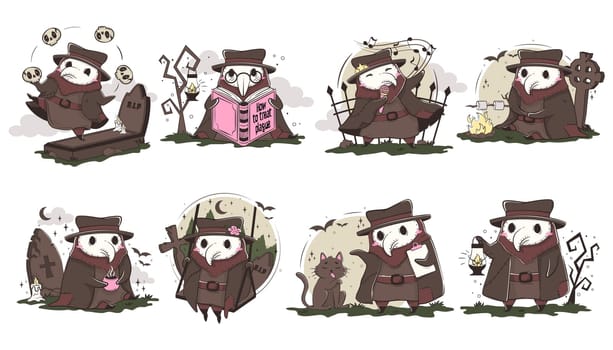 Set of cute kawaii plague doctor in various poses. Medical routine cartoon humorous concept Halloween character