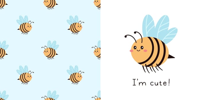 Little Bee in doodle style for designing baby clothes. Postcard with Little Bee and seamless pattern, lettering. Cartoon Bohemian nursery print. Kids design texture for pajamas. Vector illustration.