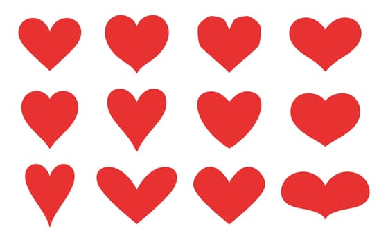 Set of Hand drawn Red Hearts. Vector illustration, doodle style. Cartoon vector hearts collection.