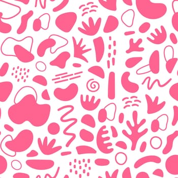 Abstract geometric shapes seamless pattern. Vector Hand drawn various shapes and doodle objects. Abstract contemporary modern style pattern. Trendy Pink core style. illustration. Stamp texture.