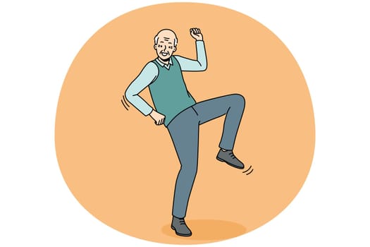 Happy elderly man have fun dancing. Smiling energetic old grandfather feel optimistic and positive moving. Healthy maturity. Vector illustration.