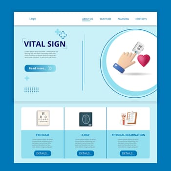 Vital sign flat landing page website template. Eye exam, x-ray, physical examination. Vector illustration. For website slider, keynote presentation background, brochure design, annual report, company profile.