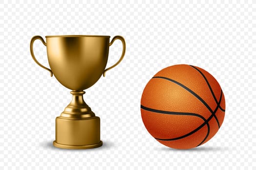 Realistic Vector 3d Blank Golden Champion Cup Icon with Basketball Set Closeup Isolated. Design Template of Championship Trophy. Sport Tournament Award, Gold Winner Cup and Victory Concept.