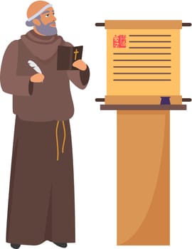 Medieval christian religious priest. Medieval monk, medieval church worker cartoon vector illustration