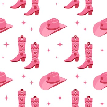 Cute pink seamless pattern with princess Barbie wardrobe details, crown, shoes, cowboy hat, kiss. Beautiful girlish wallpaper. Vector