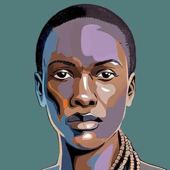 African man portrait, close-up, vector illustration. Amazon, warrior, princess. color drawing. Print, poster, t-shirt, postcard.