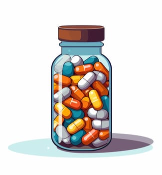 Colorful pills in a glass jar. Vector illustration isolated on white background