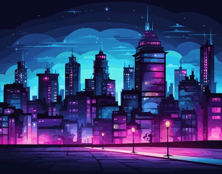 Digital art of a vibrant city at night, highlighting neon-lit buildings, starry skies, and pedestrians on a wide boulevard