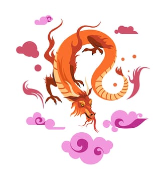 Mythological creature, isolated dragon with long tail and claws. Chinese culture and tradition, folklore personage. Clouds and fire flames from beast roaring mouth. Vector in flat style illustration