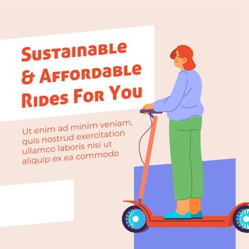 Affordable and sustainable rides for you, traveling with scooter in city. Urban transport, ecologically friendly and clean device. Promotional banner or advertisement poster, vector in flat style