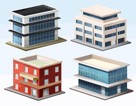 Set of office buildings in isometric style isolated on white background